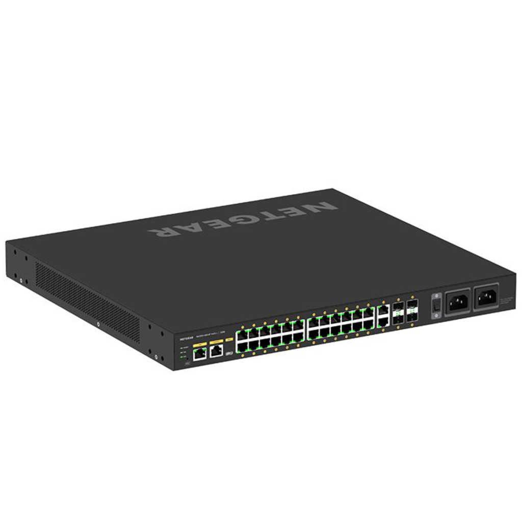 NETGEAR AV Line M4250-26G4F-PoE++ – Switch Administrable 24 Puertos Gigabit con PoE++ (720W), 4 Puertos SFP, Optimizado para AV-over-IP, Montaje en Rack – Nuevo