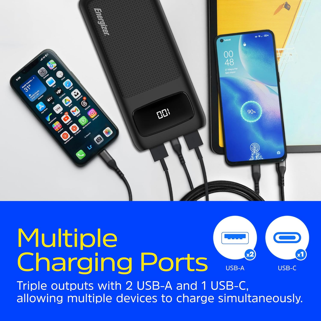 Energizer MAX Power Bank 20,000mAh – Carga Rápida 20W, USB-C + 2 USB-A, Pantalla LCD, Alta Capacidad, Color Negro
