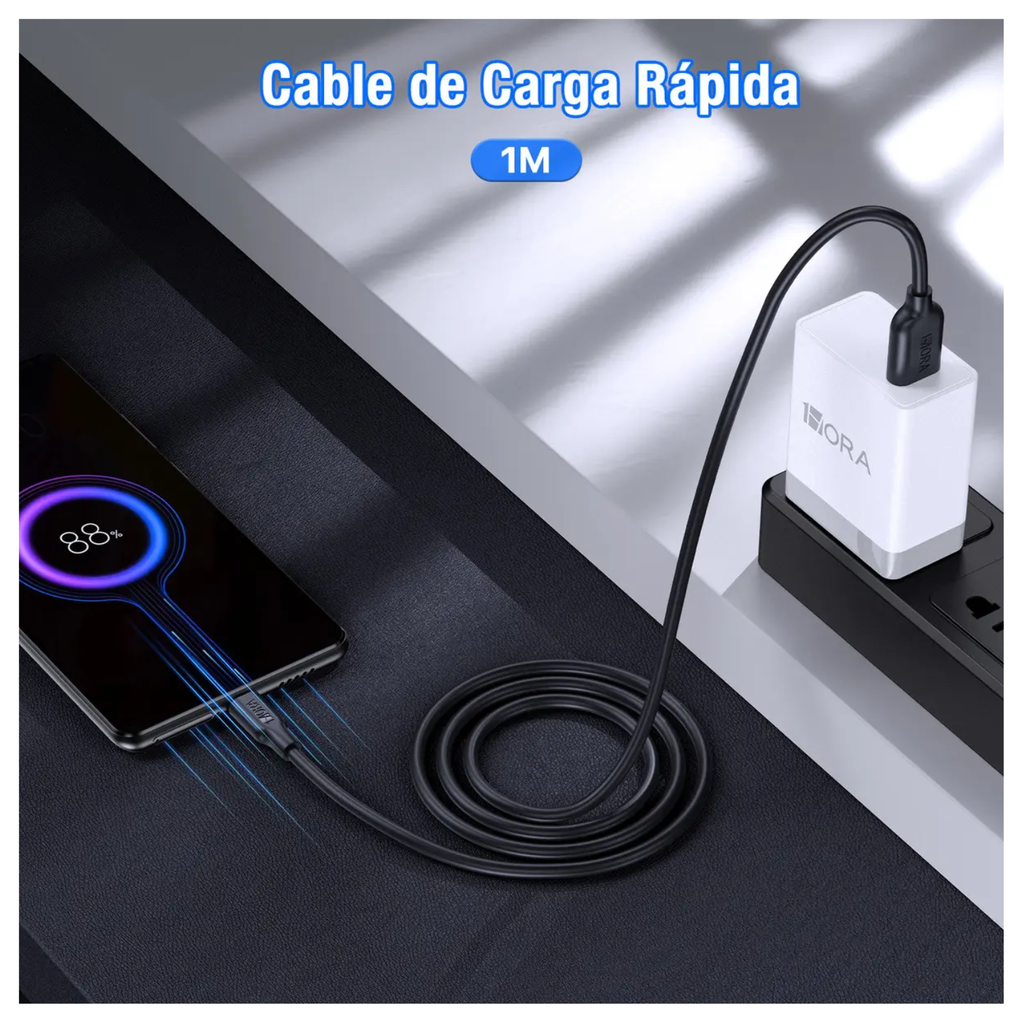 Cable USB-A a USB-C 1 Metro 2.1A Carga Rápida y Transferencia de Datos Color Negro