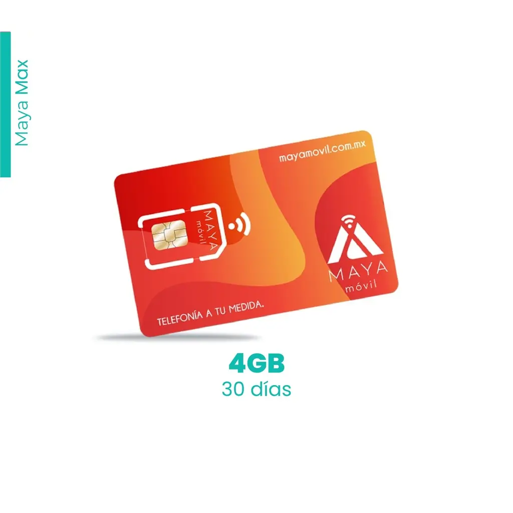 Maya Móvil Max 30 días de vigencia, 4 Gb de datos, llamadas, SMS y redes sociales ilimitados