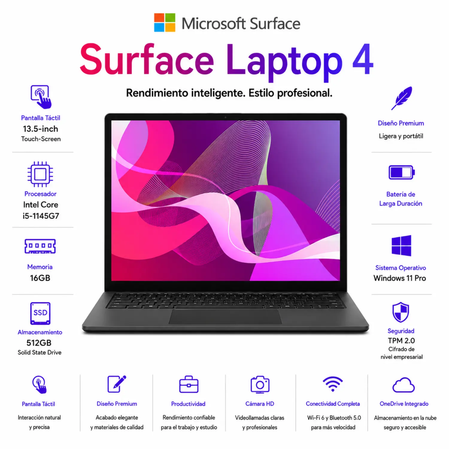 Microsoft Surface Laptop 4 13.5 Touch Intel Core i5 16GB RAM 512GB SSD Black