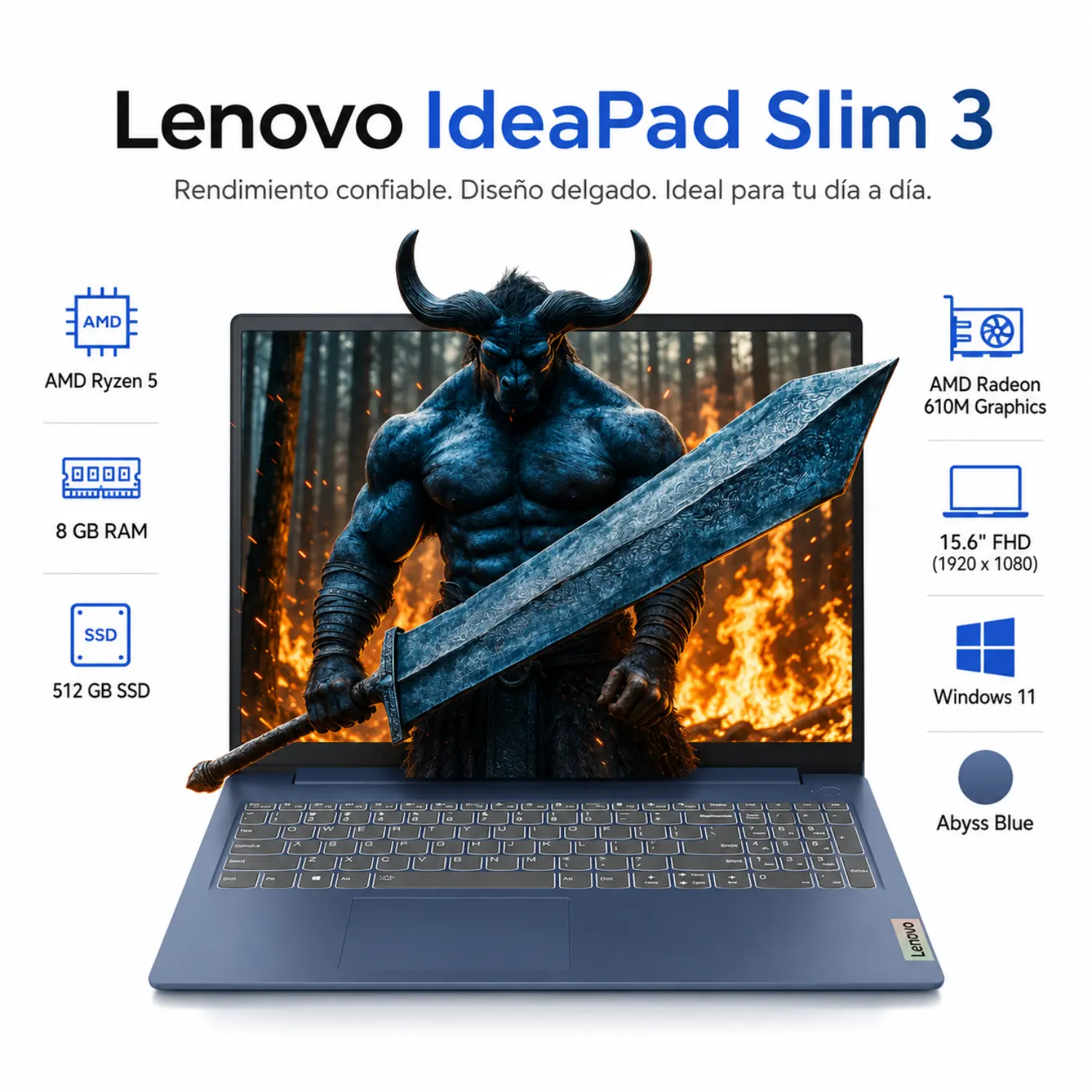 Laptop Lenovo IdeaPad Slim 3 15.6 FHD Ryzen 5 8GB RAM 512GB SSD Windows 11 Abyss Blue