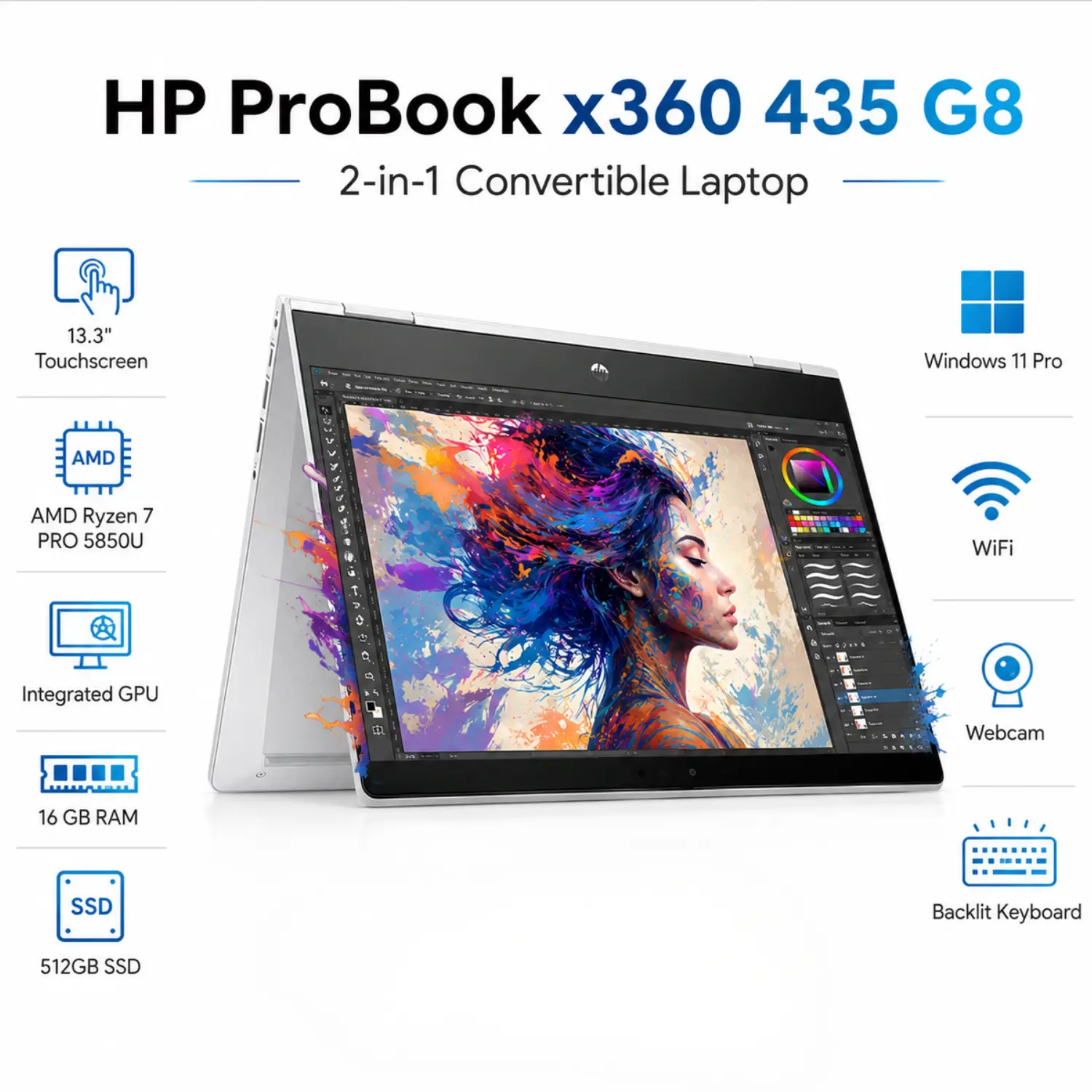HP ProBook x360 435 G8 13.3" Tactil Ryzen 7 PRO 16GB 512GB Windows 11 Pro (Reacondicionado)