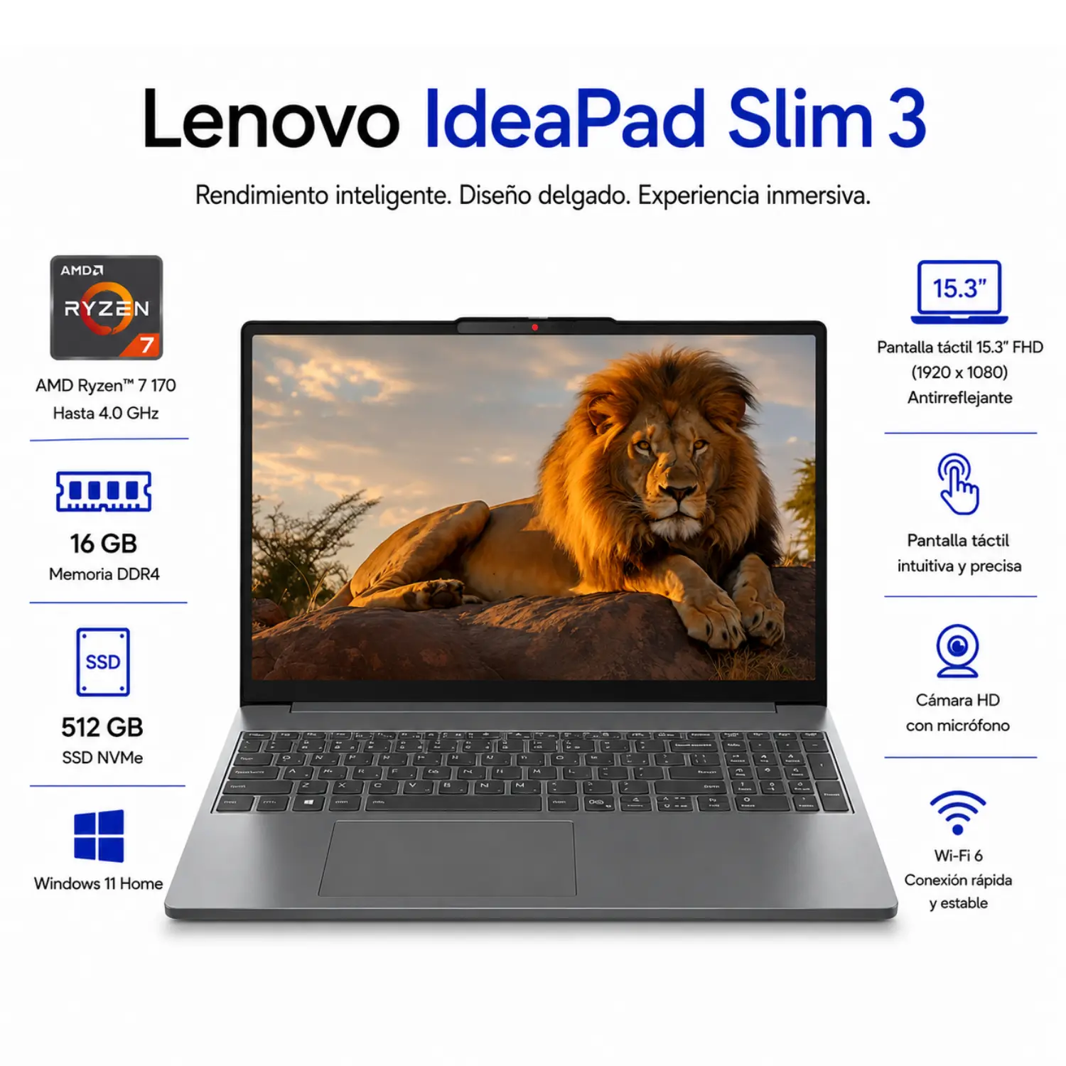 Laptop Lenovo IdeaPad Slim 3 15.3 Touch Ryzen 7 16GB RAM 512GB SSD Windows 11 Home 