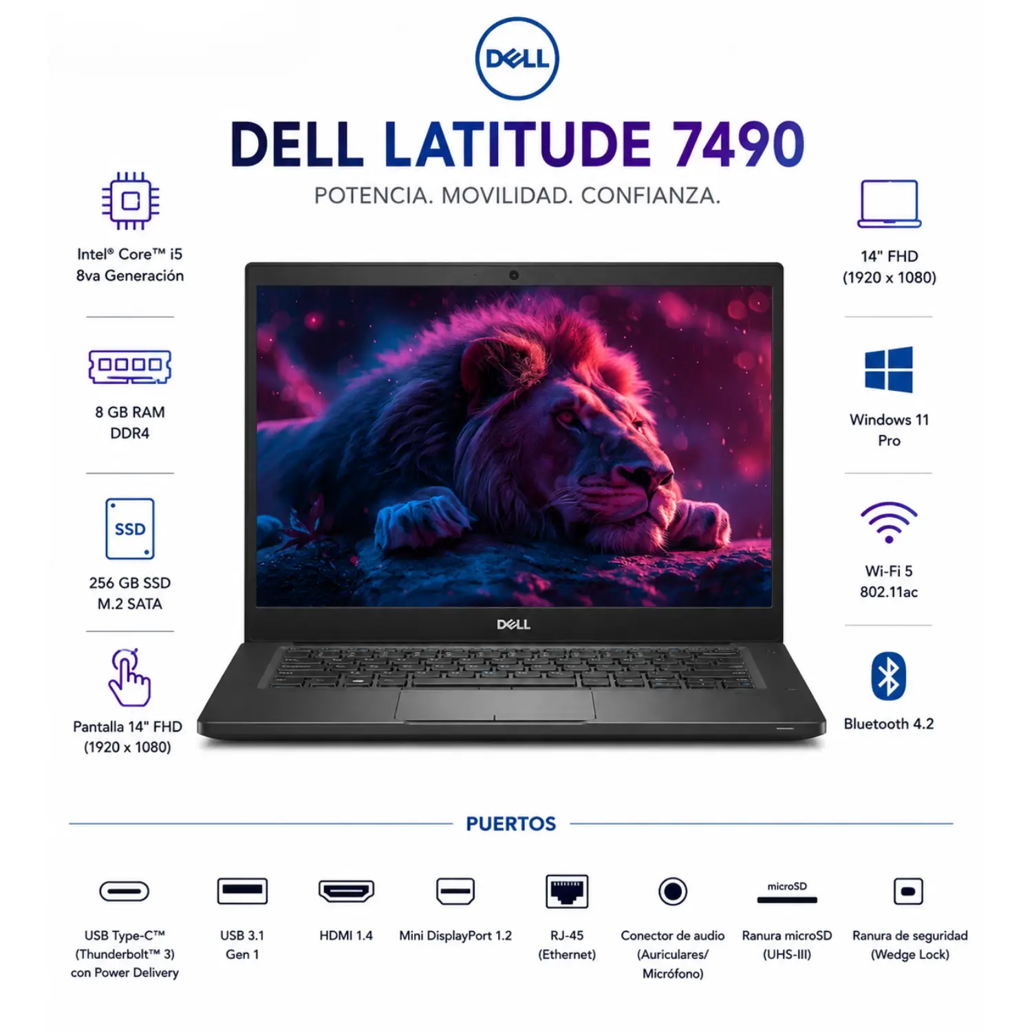 [DE7490-I5-8-256-ES/RFB] Dell Latitude 7490 14" FHD Intel Core i5 8GB RAM 256GB SSD Windows 11 (Reacondicionado) 