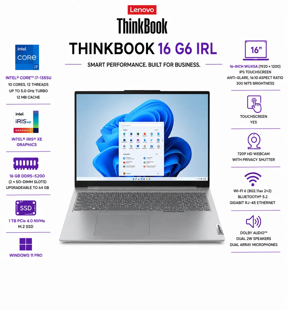 [21KH00U2US/NEW] Lenovo ThinkBook 16 G6 IRL 16" WUXGA IPS Tactil Laptop - Intel Core i7-1355U - 16GB RAM - 1TB SSD, Windows 11 Pro - Arctic Grey