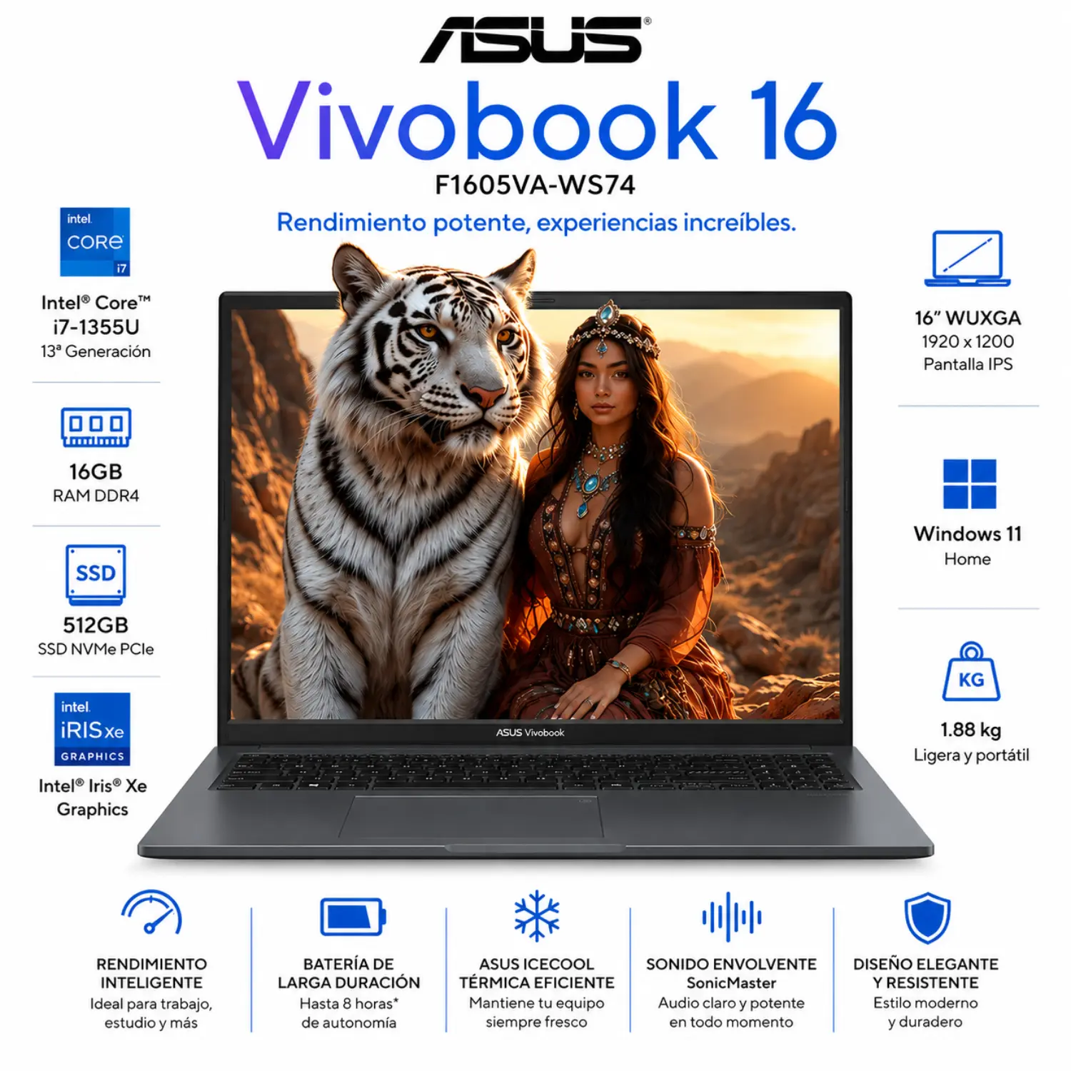 [F1605VA-WS74/NEW] Laptop ASUS Vivobook 16 F1605VA Intel Core i7 16GB RAM 512GB SSD WUXGA Windows 11 