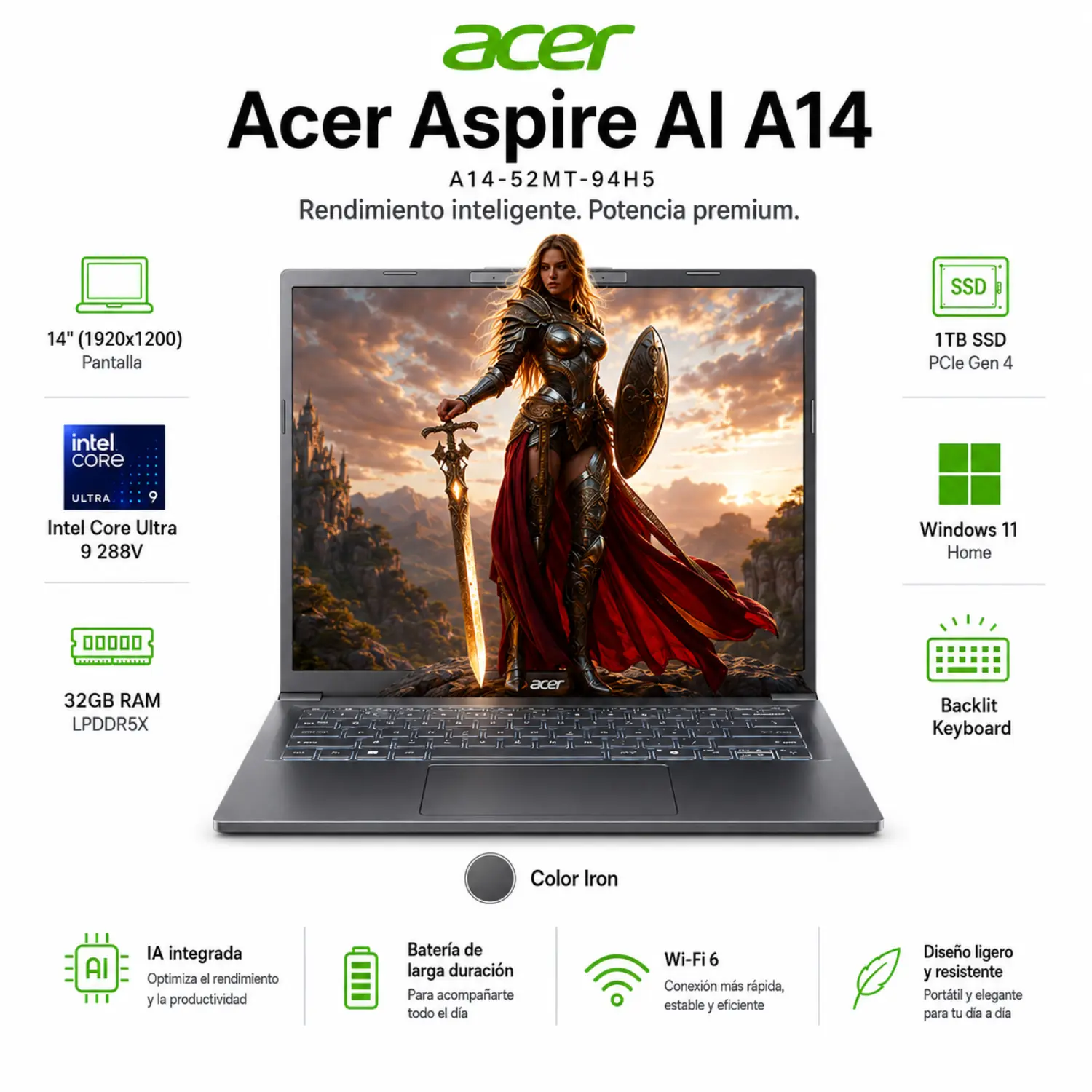 [NX.JK7AA.003/NEW] Laptop Acer Aspire AI 14 Touch WUXGA Core Ultra 9 32GB RAM 1TB SSD Windows 11 Iron