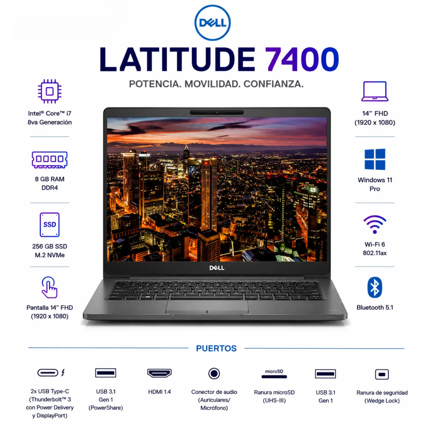 [DE7400-I7-8-256-ES/RFB] Dell Latitude 7400 14" FHD Intel Core i7 8GB RAM 256GB SSD Windows 11